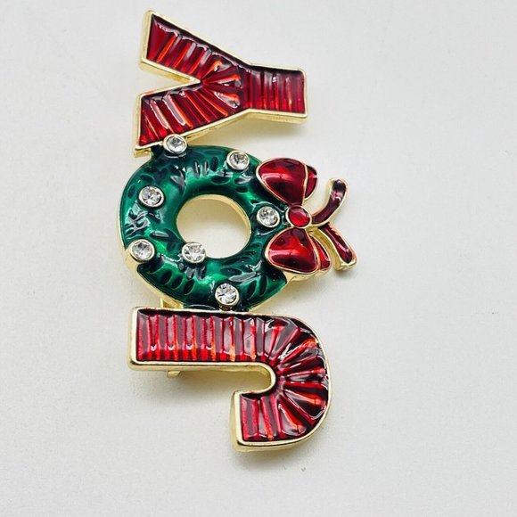 JOY Holiday Pin Enameled Gold Tone Green Red Rhinestone Accents Christmas Happy - Picture 4 of 6